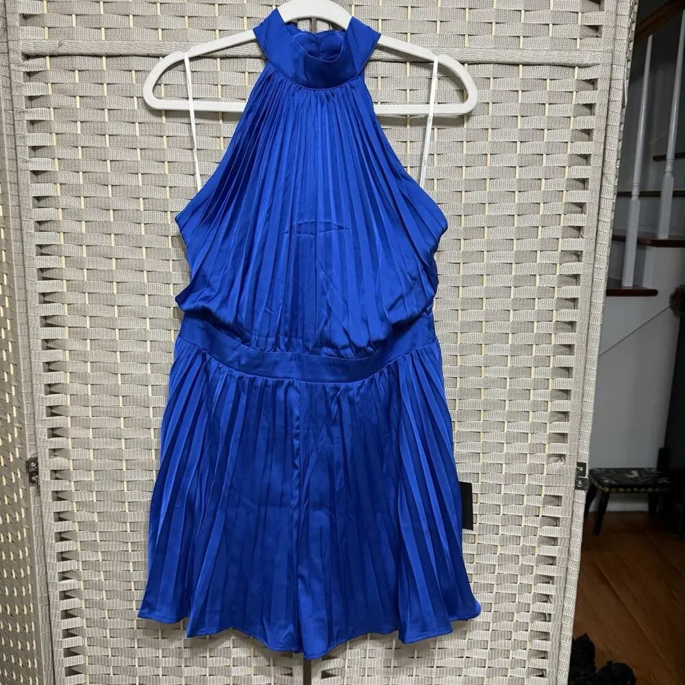 Lulus Seriously Stunning Royal Blue Satin Pleated Backless Romper Size XL NWT - Picture 2 of 11